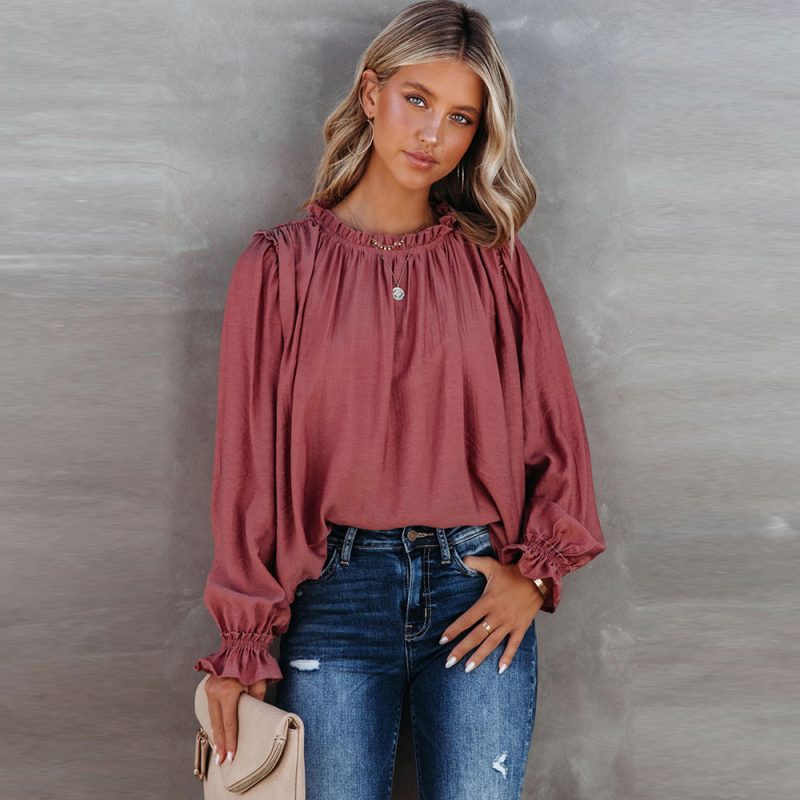Red Ruffled Long Sleeved T shirt Women Autumn round Neck Top - Image 2