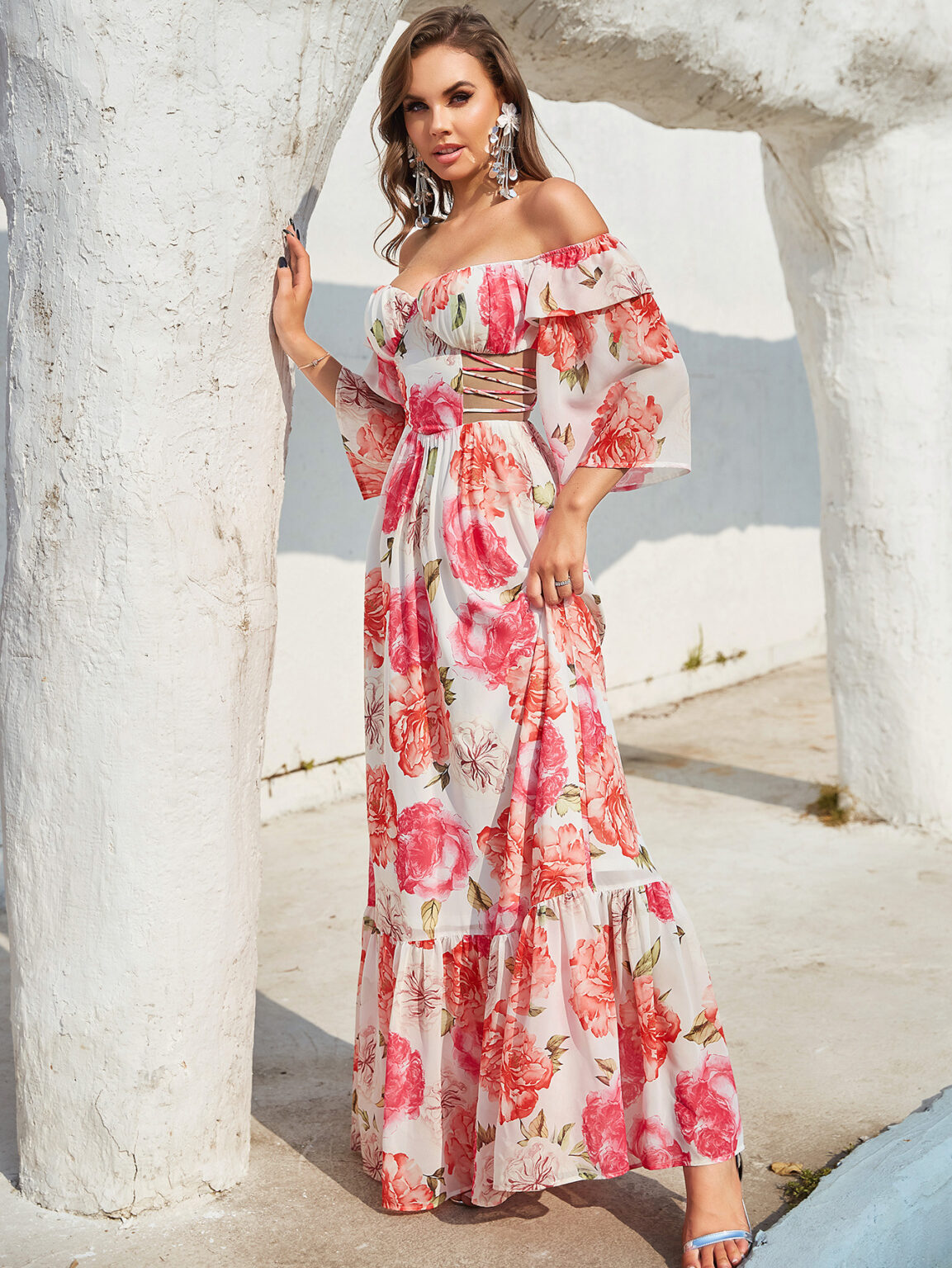 Long Sleeve Hollow Out Cutout out Drawstring Large Print Holiday Dress - Image 3
