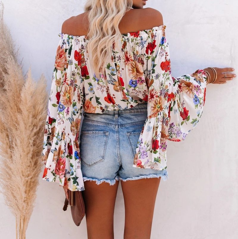 Fall Pink Women Clothing Street Hipster off-Neck Bell Sleeve Loose Printed Chiffon Shirt - Image 4