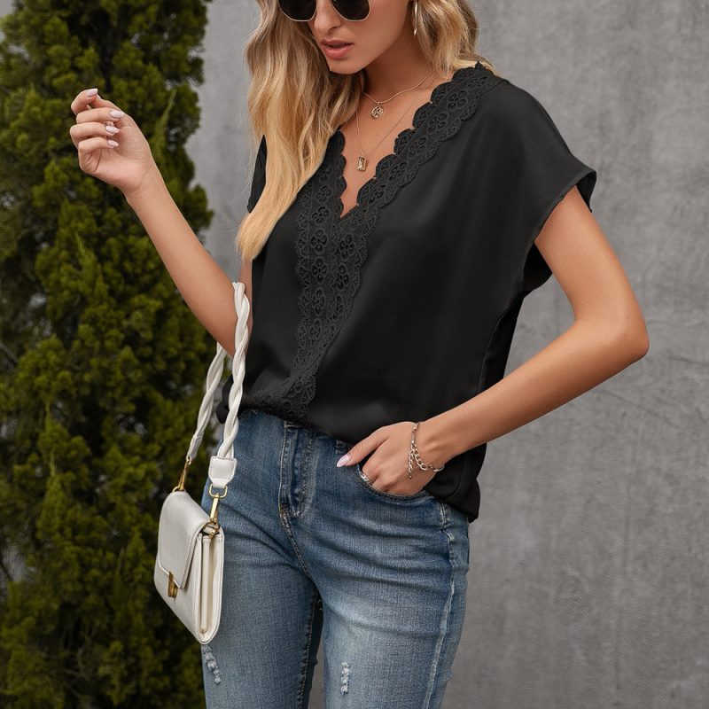 Casual Pullover Hollow Out Lace Stitching Short Sleeve V neck Shirt Top Women - Image 5