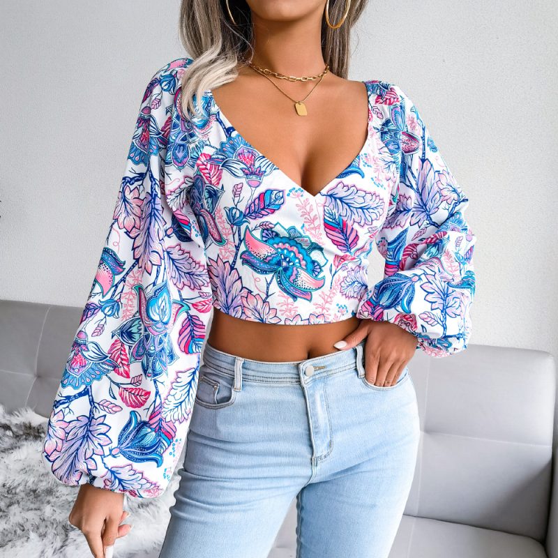 V-neck Lantern Sleeves Long Sleeve Floral Chiffon Shirt Vacation Cropped Top Women Clothing - Image 6