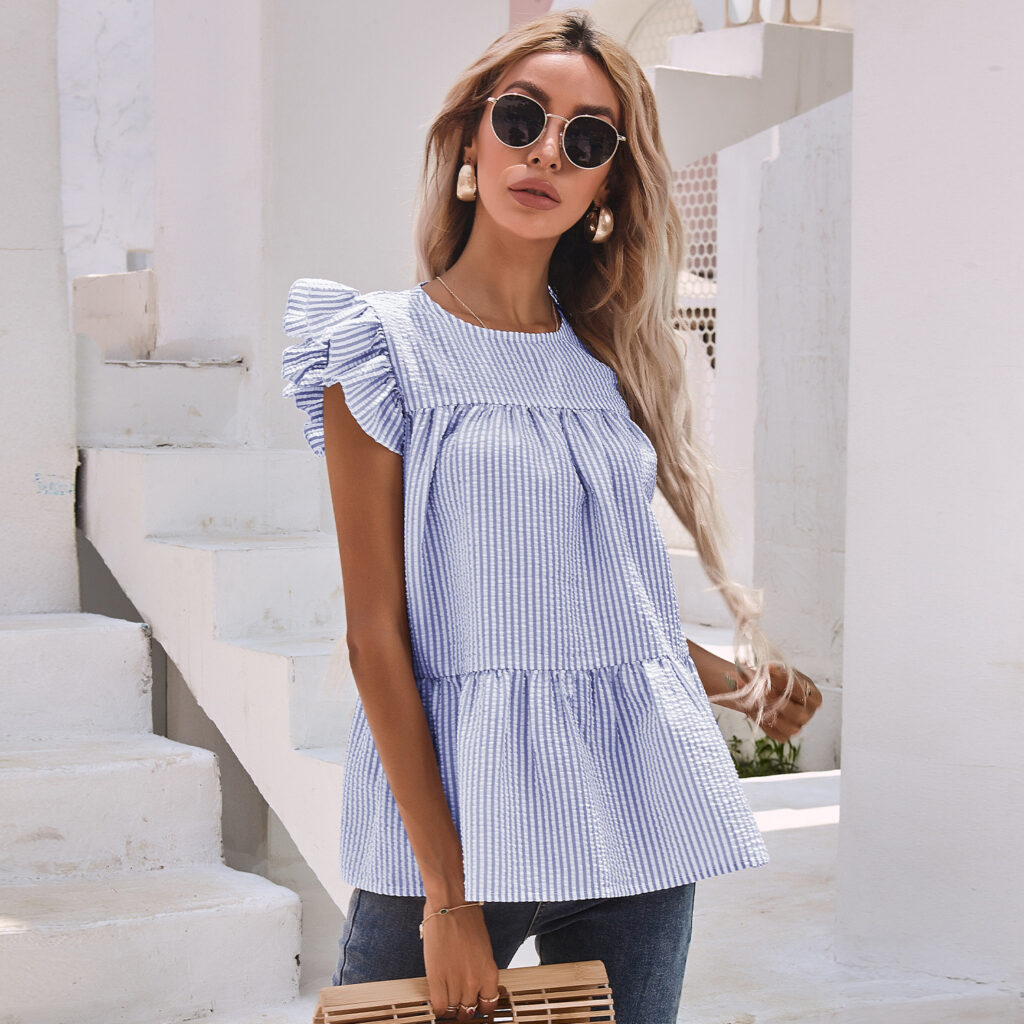Women Clothing Summer Ruffle Sleeve round Neck Pleated Solid Color Loose Top for Women - Image 3