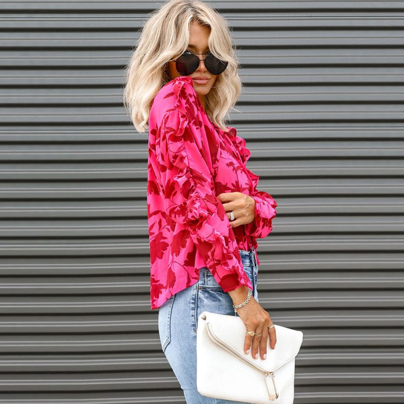 Rose Pleated Printed Shirt Autumn Loose V neck Chiffon Shirt Top - Image 2
