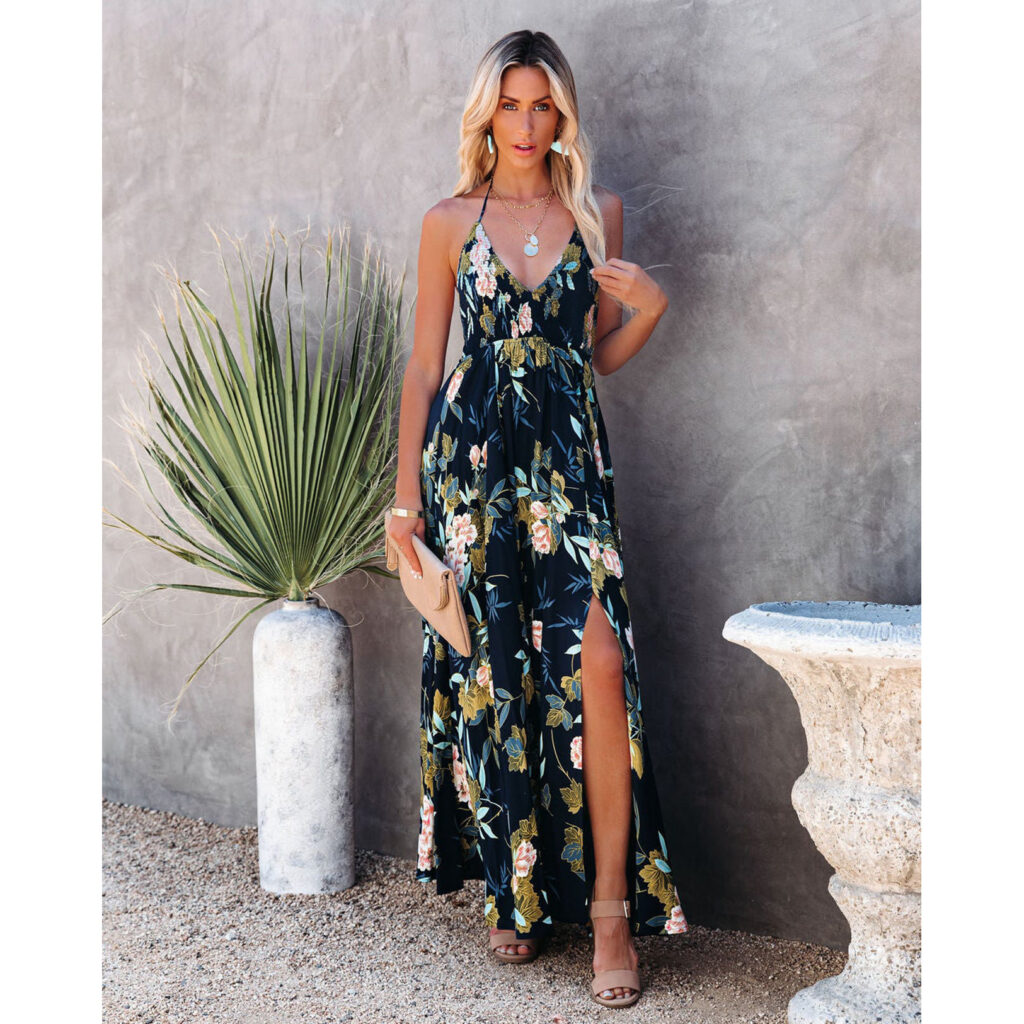 European American Summer V neck Pleated Halter Dress Casual Loose Lace up Dress