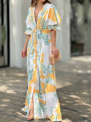 Women  Clothing V neck Puff Sleeve Waist Trimming Printing Maxi Dress