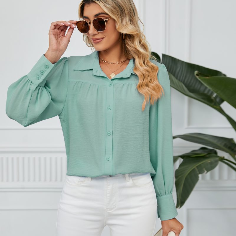 Women Clothing Chiffon Loose Long Sleeve One Breasted Shirt Top - Image 2