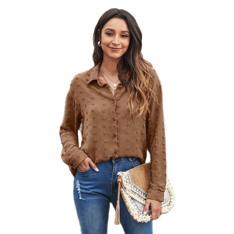 Autumn Women Clothing Long Sleeve Collared Shirt Polka Dot Chiffon Jacquard Cardigan Office Top - Image 4