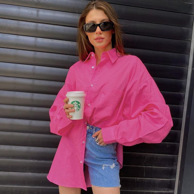 Fall New Rose Red Women Clothing  Fashion  Long Sleeve Shirt Loose Cotton Sun Protection - Image 2