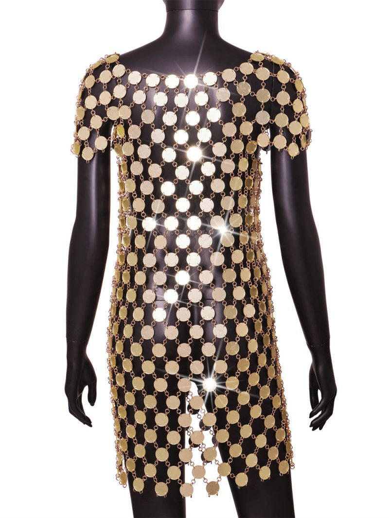 Autumn Direct Golden Acrylic Round Neck Short Sleeve Sexy Dress - Image 5