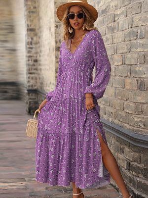 Women Clothing Autumn Winter V-neck Printed Maxi Dress High Waist Long Sleeves Split Dress