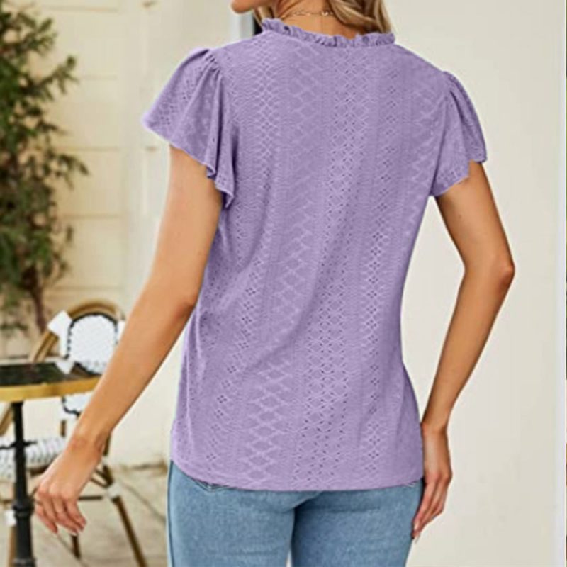 Summer Women Clothes Solid Color V neck Double Layer Ruffled Hollow Out Short Sleeve Women Casual T shirt - Image 3