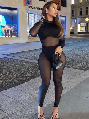 Early Spring Women Sexy Mesh See Through Stitching High Waist Tight Casual One Piece Trousers