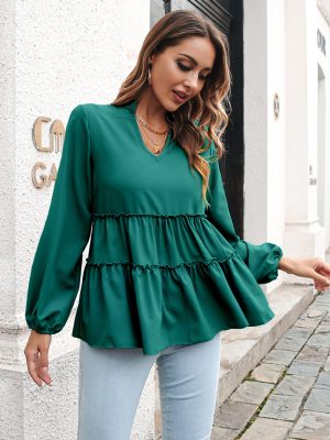 Women Clothing Autumn Winter V-neck Ruffled Loose Casual Top Chiffon Shirt