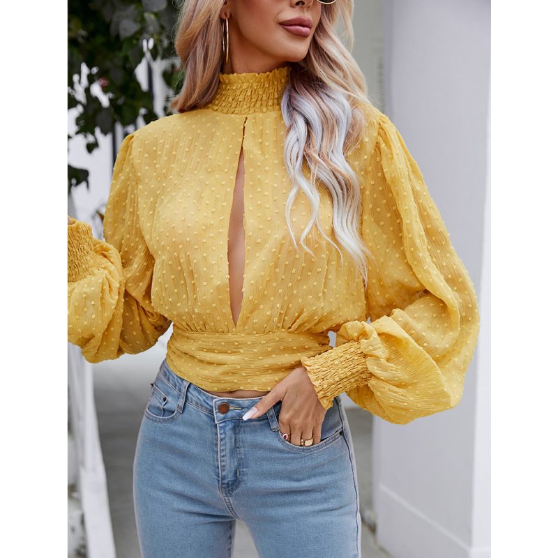 Women Spring Summer Vacation Chiffon Shirt Lantern Long Sleeve Pleated Lace up Casual Top - Image 3