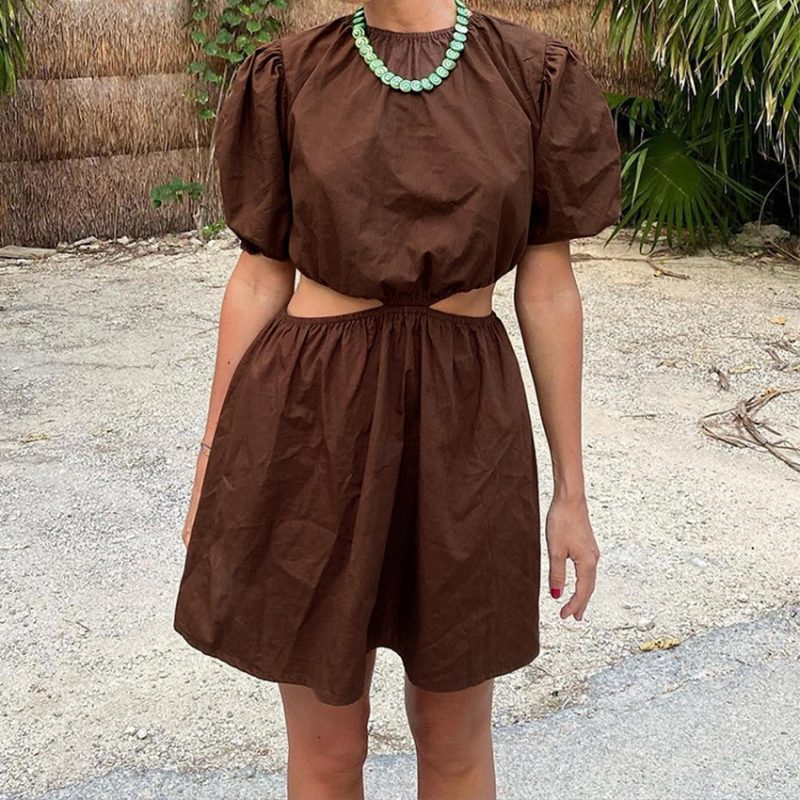 Summer French Casual Women Clothing Hollow Out Cutout Design Lantern Sleeve Dress A- line Dress - Image 2