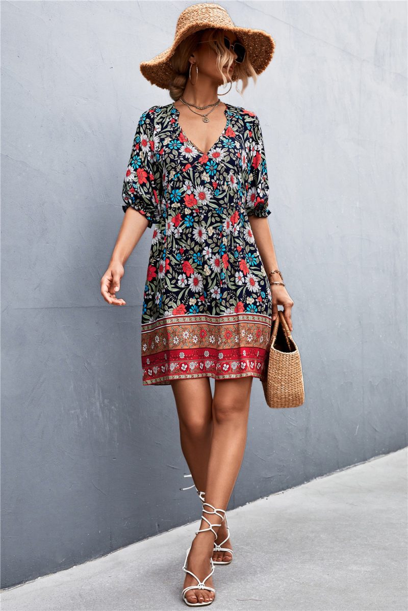 Spring Summer Bohemian V-neck Positioning Floral Dress for Women - Image 4