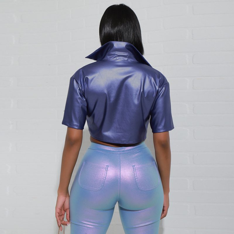 Women Clothing Spring Collared Pocket Cropped Street Women Top - Image 2