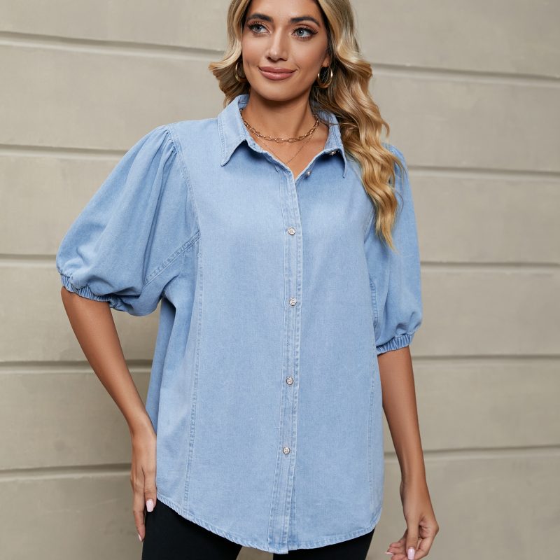 Women Clothing Trade Elastic Princess Sleeves Denim Shirt Casual Top - Image 3