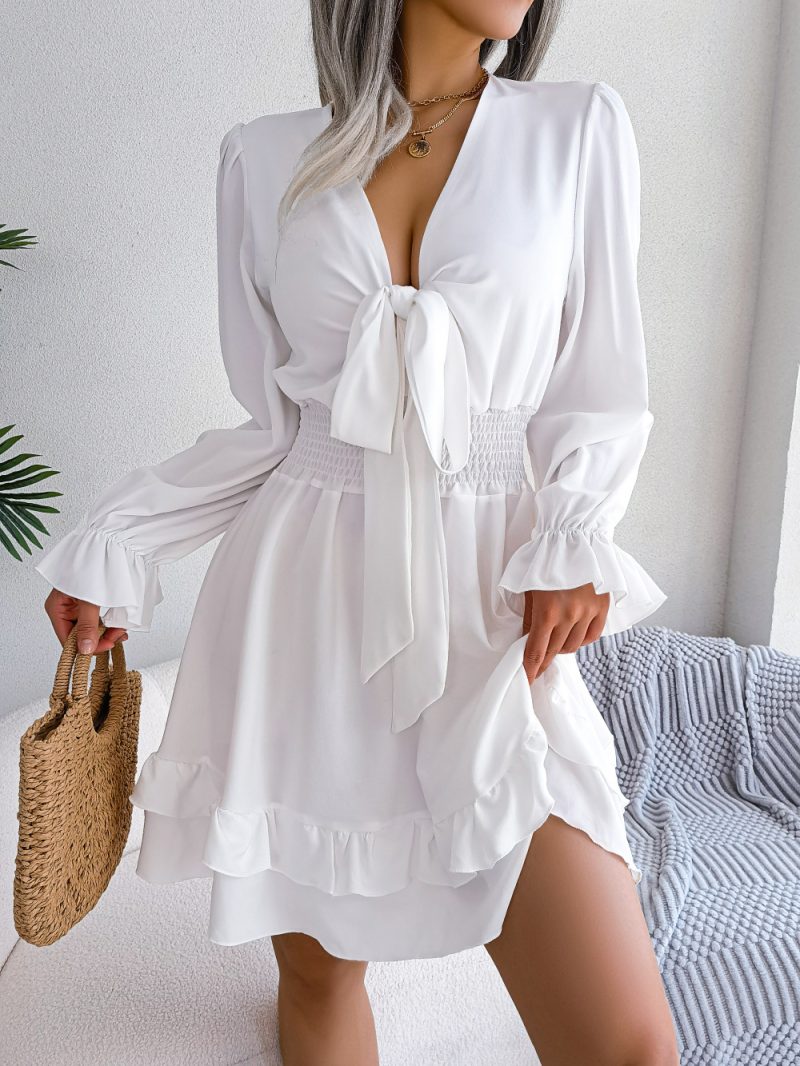 Spring Summer Casual Lace up Waist Tight Wooden Ear Swing Dress Women Clothing - Image 3