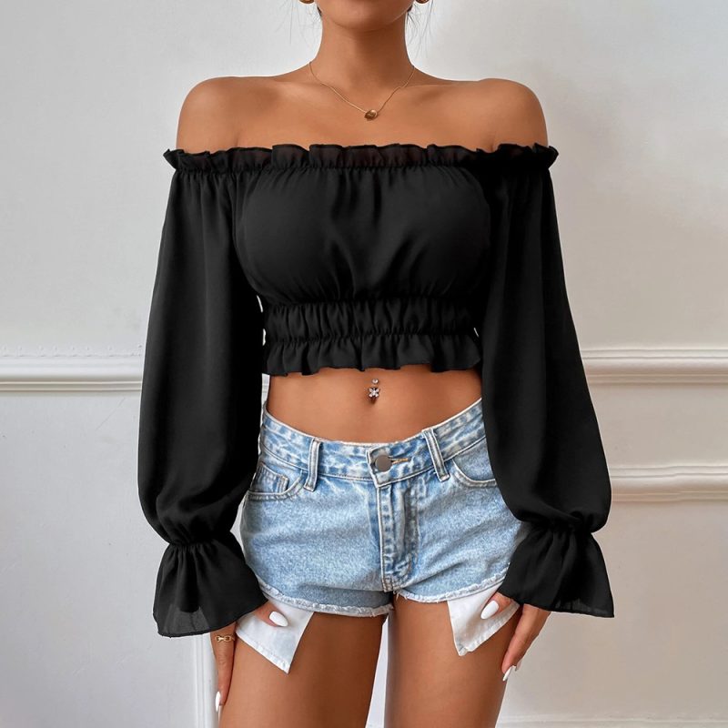 Women Clothing Autumn Sexy Casual Home Waist Tight Wooden Leaf Collar Long Sleeve Women Shirt Top - Image 3
