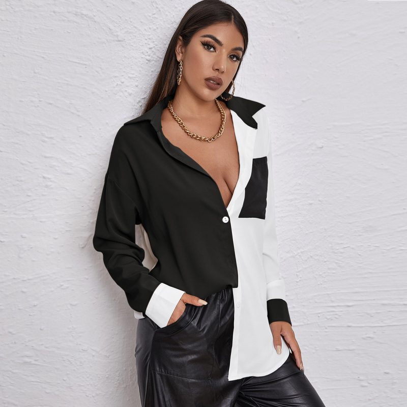 Autumn Winter Contrast Color Sexy Patchwork Top Pocket Long Sleeve Chiffon Shirt - Image 3