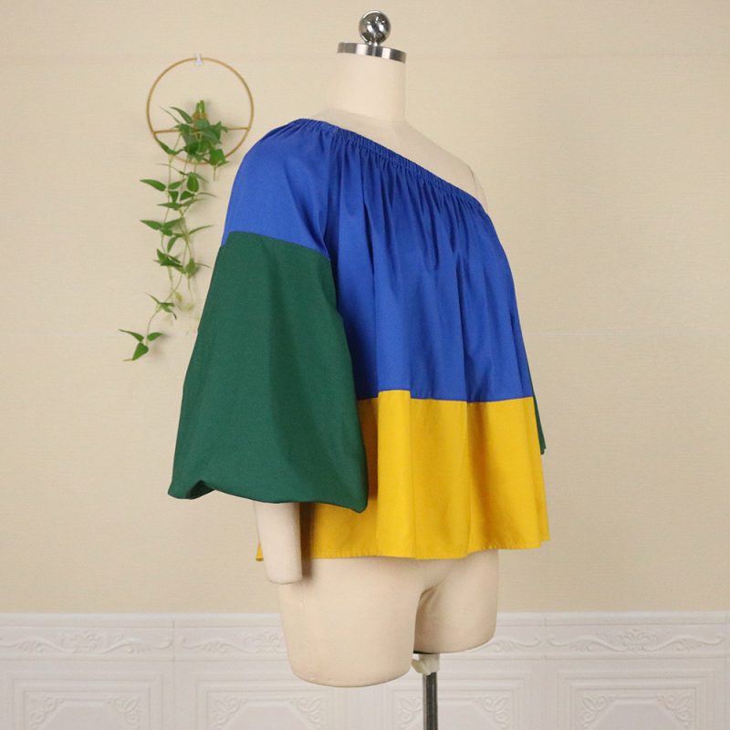 Sexy Oblique Shoulder Elastic Band Loose Lantern Sleeve Contrast-Color Ruffled plus Size Women  Shirt Top - Image 2