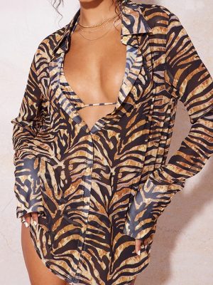 Printed Autumn Loose Printed Tiger Pattern Long Sleeve Shirt Drape Vacation Top Shirt for Women