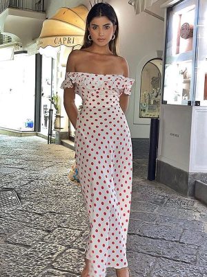 Women Clothing Spring Summer Polka Dot Printed A line Sexy Waist Trimming Ruffled Spaghetti Straps Dress