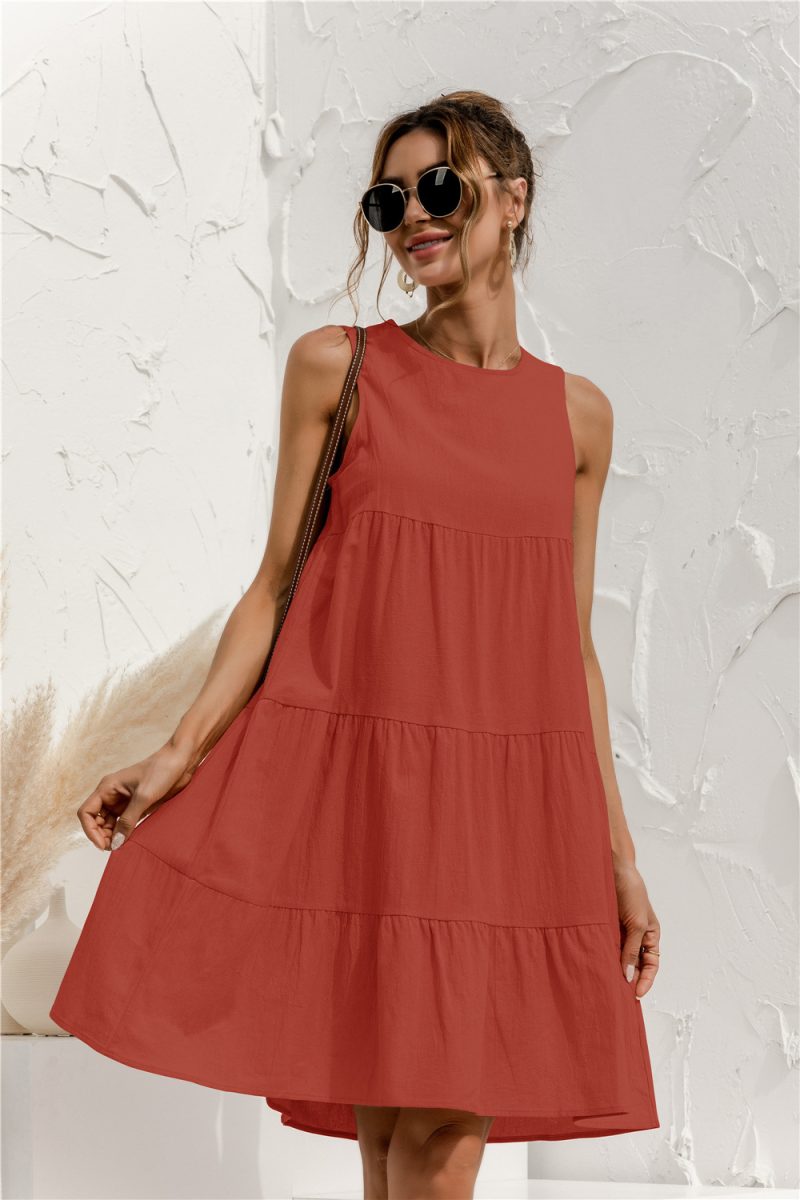 Spring Summer round Neck Sleeveless Stitching Loose Big Hem Vest Dress - Image 3