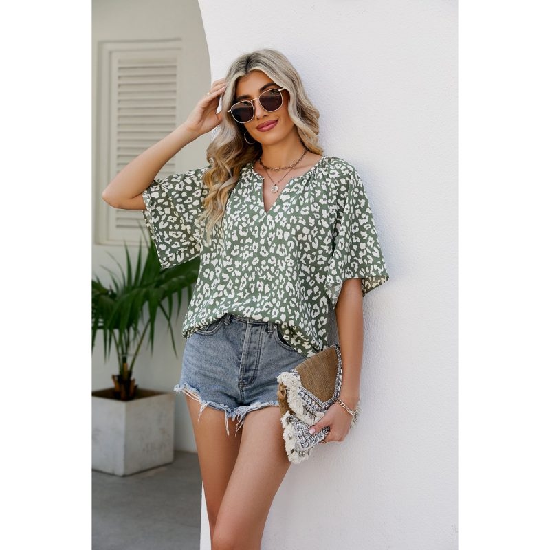 Summer Leopard Print Short Sleeve V-neck Loose Casual Bell Sleeve Top Women - Image 2