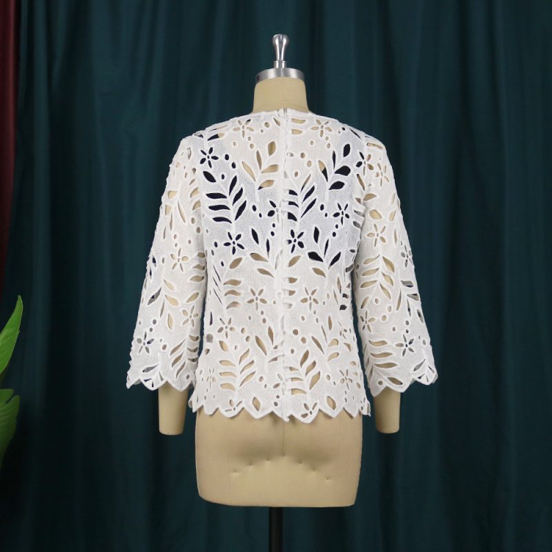 Design round Neck Loose Hollow Out Cutout out Crocheted Outer Wear Nine-Quarter Sleeve Shirt Blouse Women Lace Shirt - Image 3