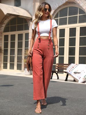 Summer Casual Women Wear Solid Color Loose Cotton Linen Straight Suspender Pants