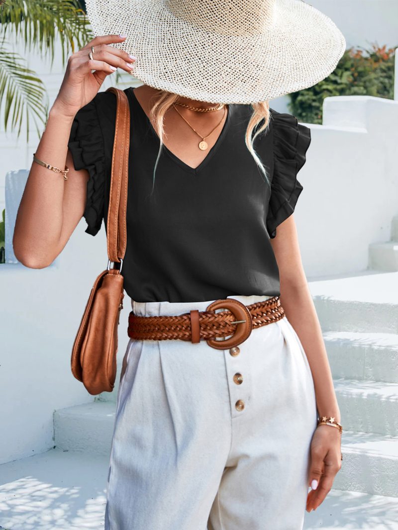 Spring Summer Solid Color V neck Casual Ruffle Sleeve Top Women - Image 3