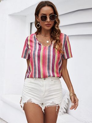 Summer Color Striped Slim V neck Short Sleeve Shirt