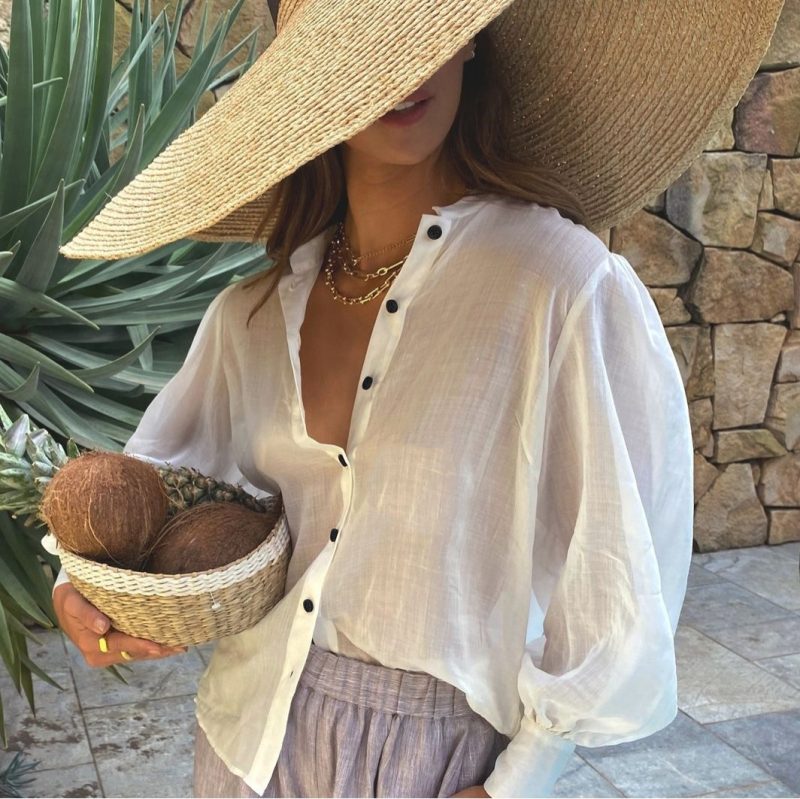 Spring Summer Women Clothing  Solid Color Puff Sleeve Loose Casual Top Shirt - Image 5