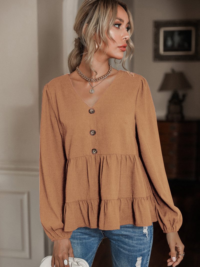 Best Long Sleeved Women Shirt V neck Buckle Babydoll Top - Image 4