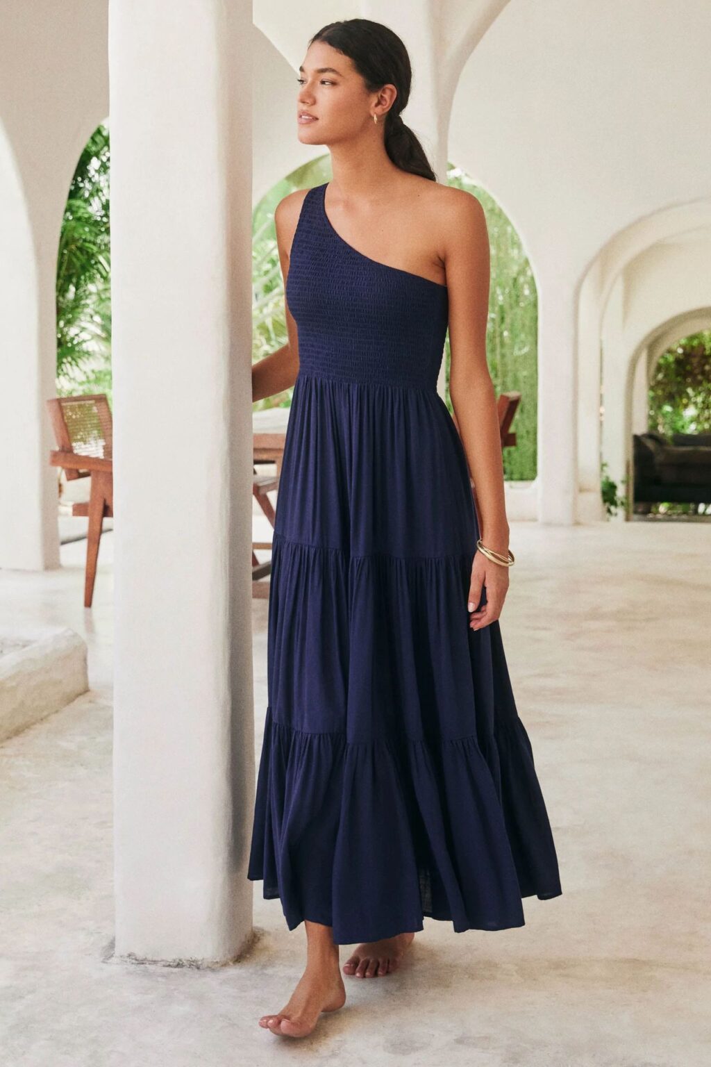 Summer Sexy Sexy Solid Color Oblique Shoulder Sleeveless Swing Dress - Image 2