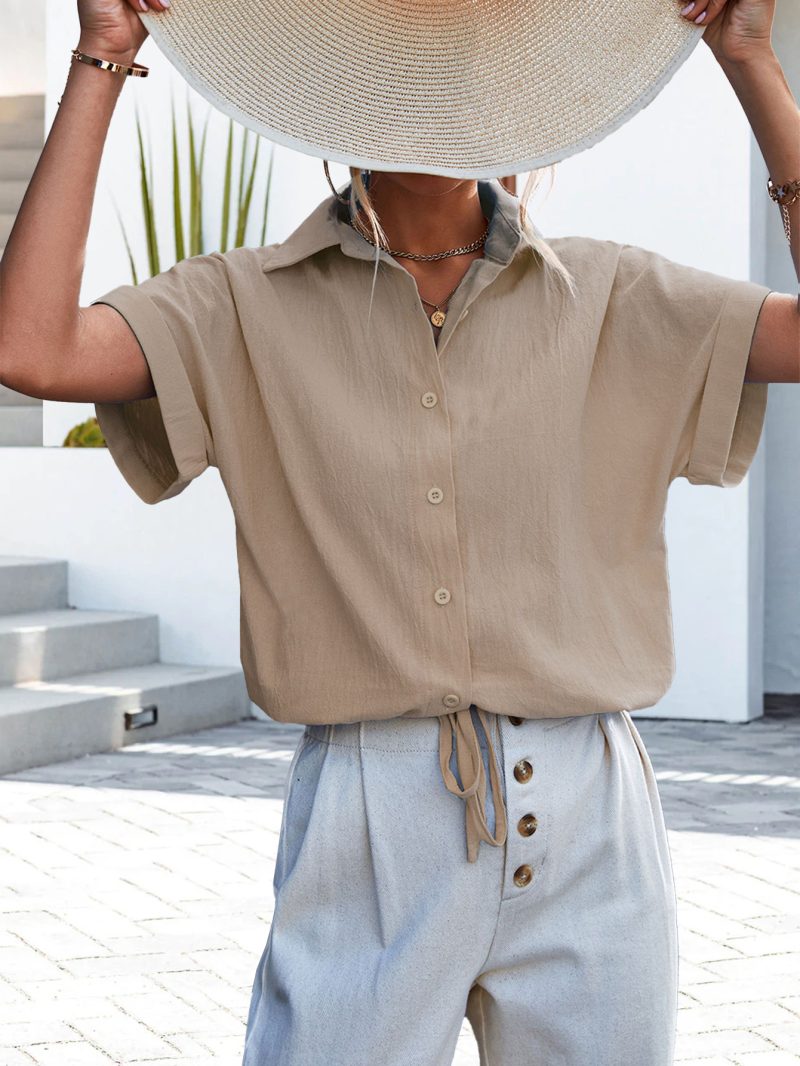 Women Clothing Spring Summer Solid Color Polo Collar Loose Bundle Short Sleeve Shirt - Image 2