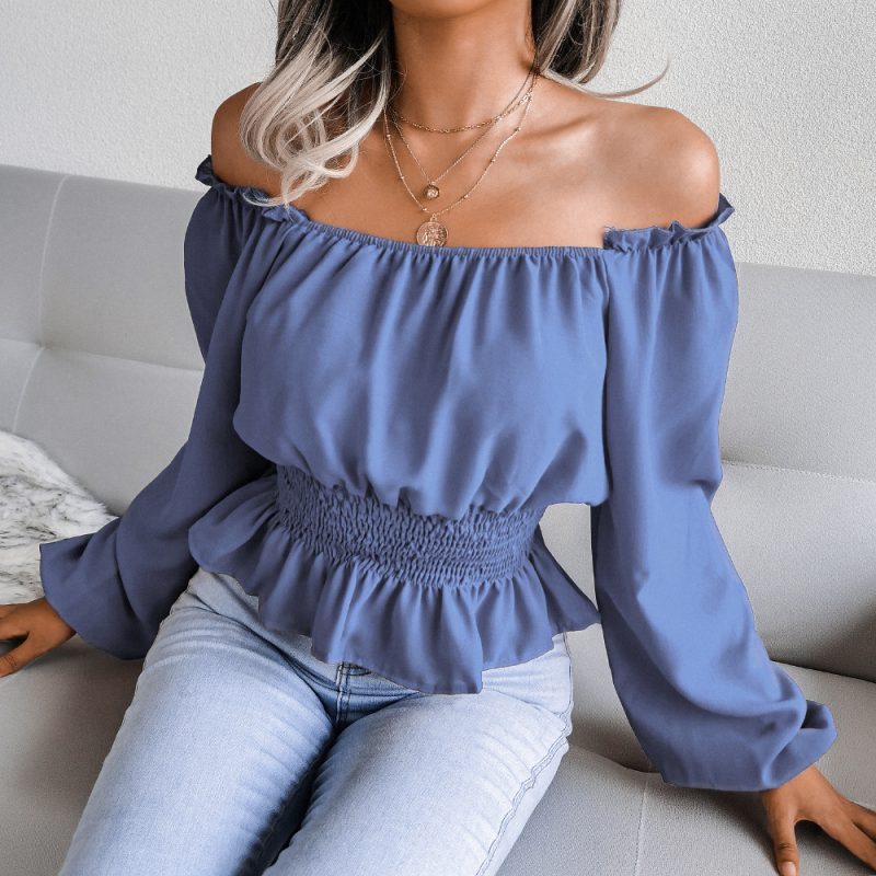 Real Shot Autumn Winter Sexy Off Shoulder Off Shoulder Hem Ruffled Chiffon Shirt Top Women Clothing - Image 3