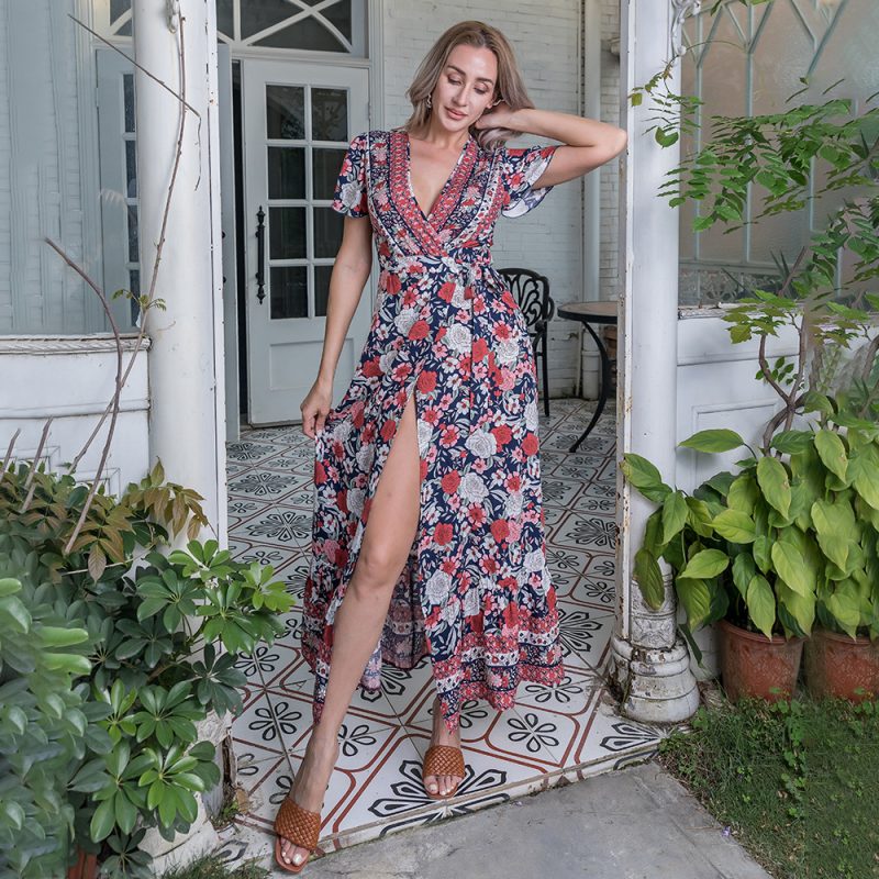 Summer New Women Clothing  Printed Slim Dress Short Sleeve V-neck Dress