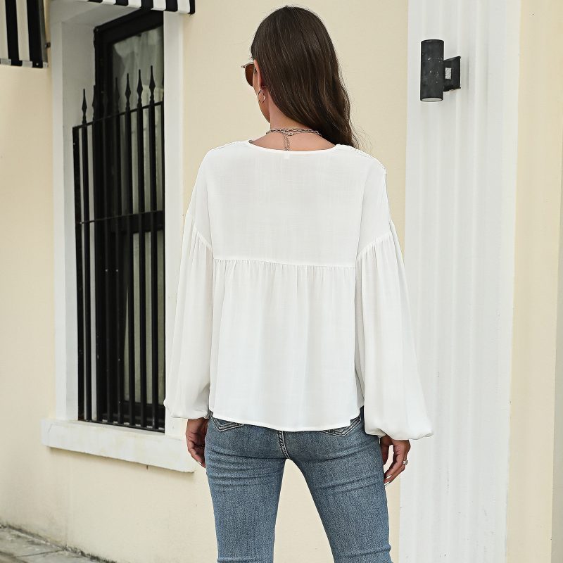 Autumn Winter Solid Color Pullover Lantern Sleeve Chiffon Shirt Top - Image 2