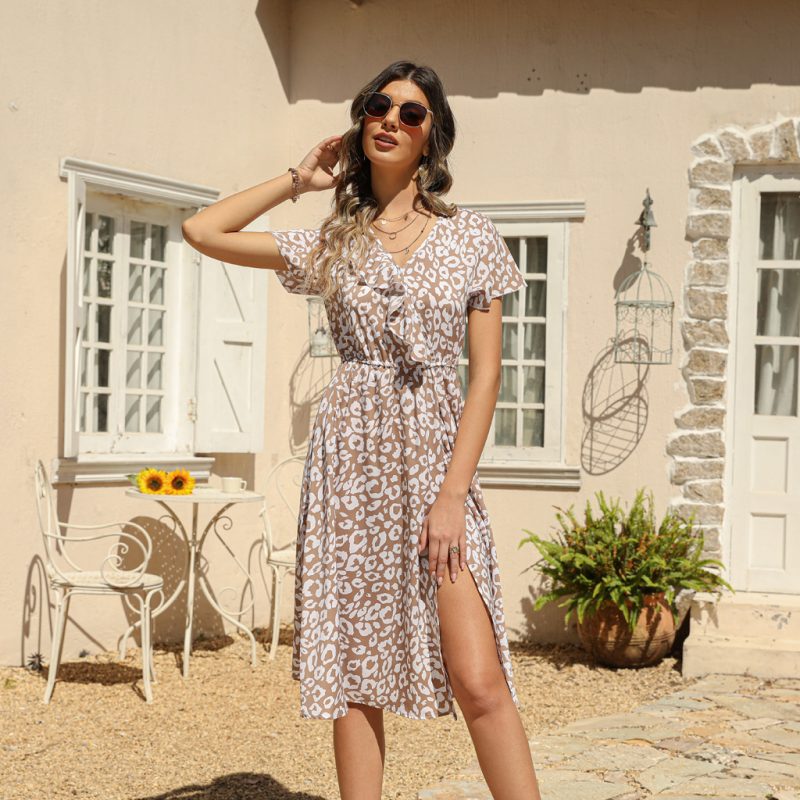 Summer Short Sleeve Beach Dress Tight Waist Dress Leopard Print Ruffled Dress - Image 3