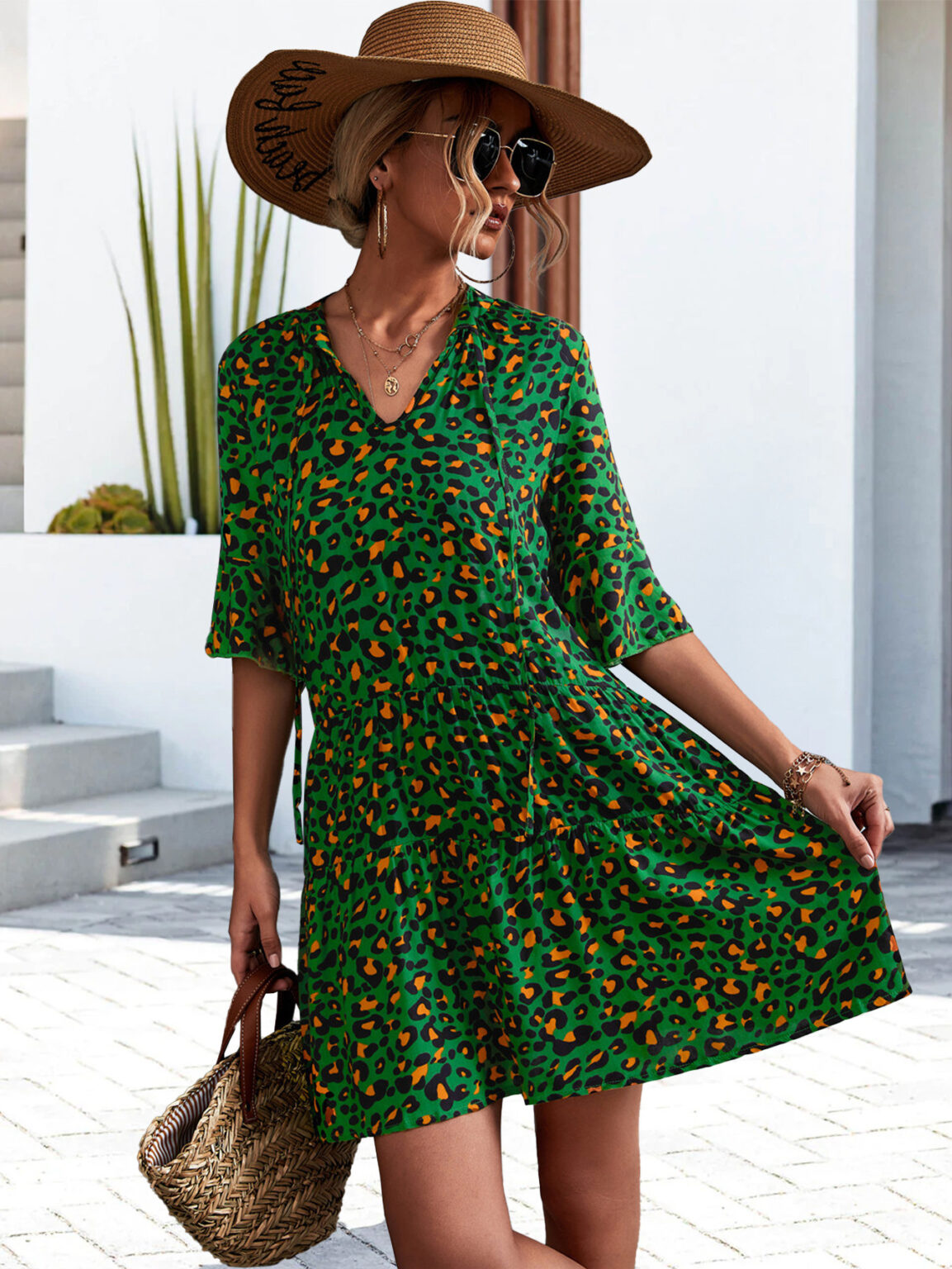 Spring Summer Eaby V neck Flared Sleeves Cake Stitching Dress - Image 2