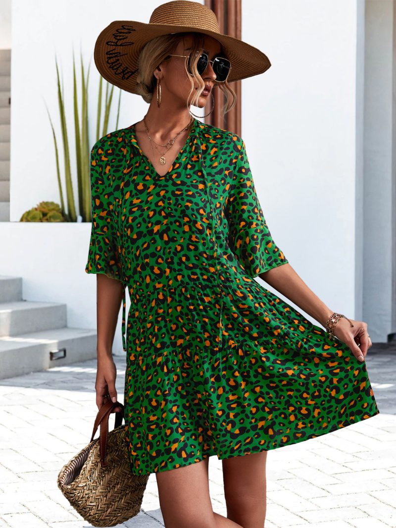 Spring Summer Eaby V neck Flared Sleeves Cake Stitching Dress - Image 2