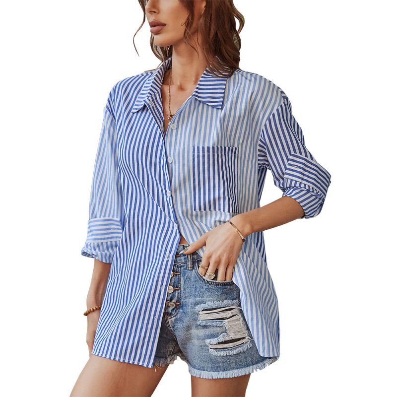 Long Shirt Spring Summer Long Sleeves Striped Top Office - Image 5
