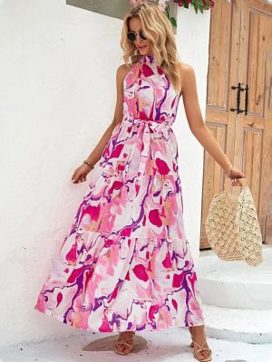 Women Summer Printed Bohemian Sleeveless Ruffled Dress