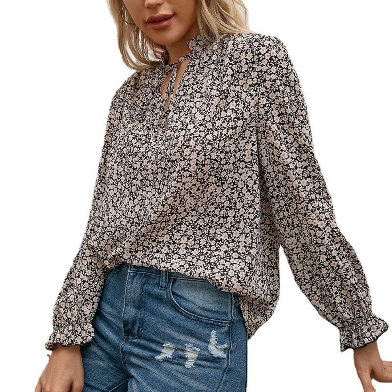 Autumn Loose Casual Print Fungus V-neck Shirt Small Floral Lotus Leaf Long Sleeve Shirt Top Female - Image 3