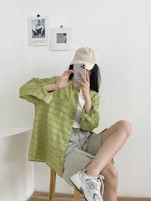 Horizontal Texture Profile Sun Protection Shirt for Women Summer Loose Japanese Retro Shirt