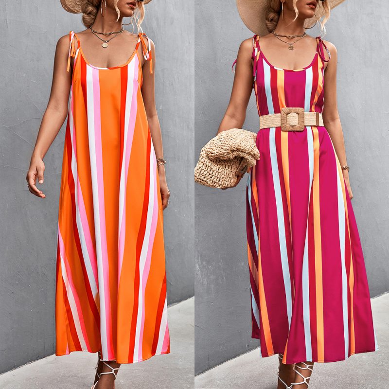 Spring Summer Sexy Backless Contrast Color Striped Spaghetti Straps Dress - Image 5