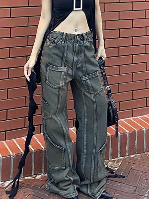 Distressed Multi Pocket Workwear Jeans Split Slimming Loose Drooping Low Waist Straight Leg Trousers